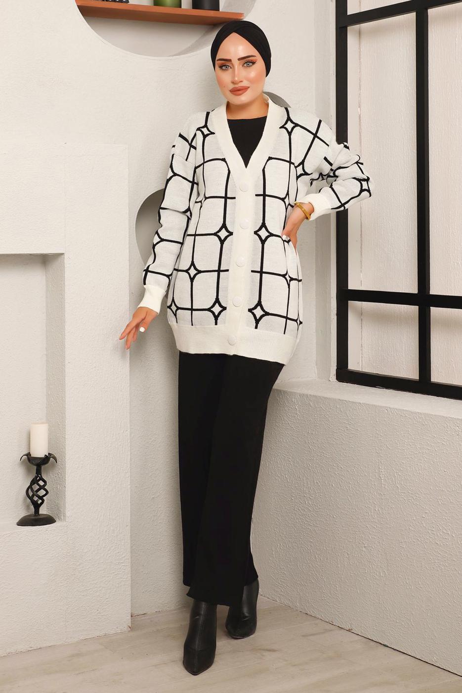 Tesettür giyim BEYAZ DESENLİ TRİKO CEKET 7892