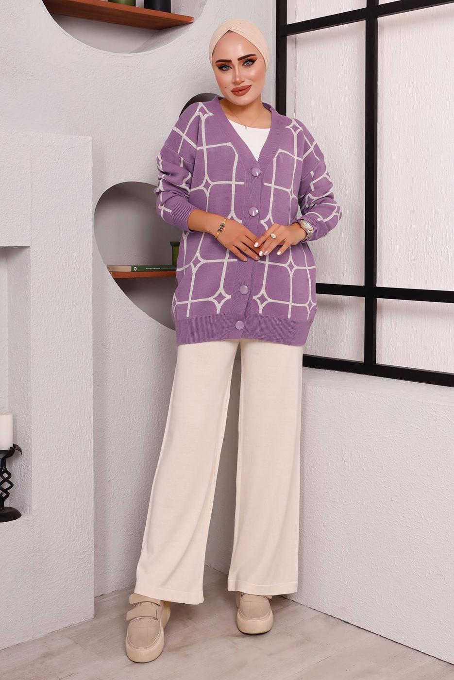 Tesettür giyim MOR DESENLİ TRİKO CEKET 7892