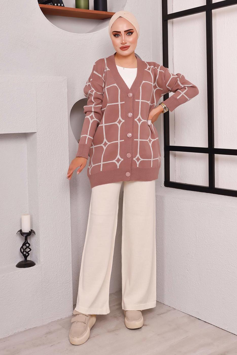 Tesettür giyim PUDRA DESENLİ TRİKO CEKET 7892