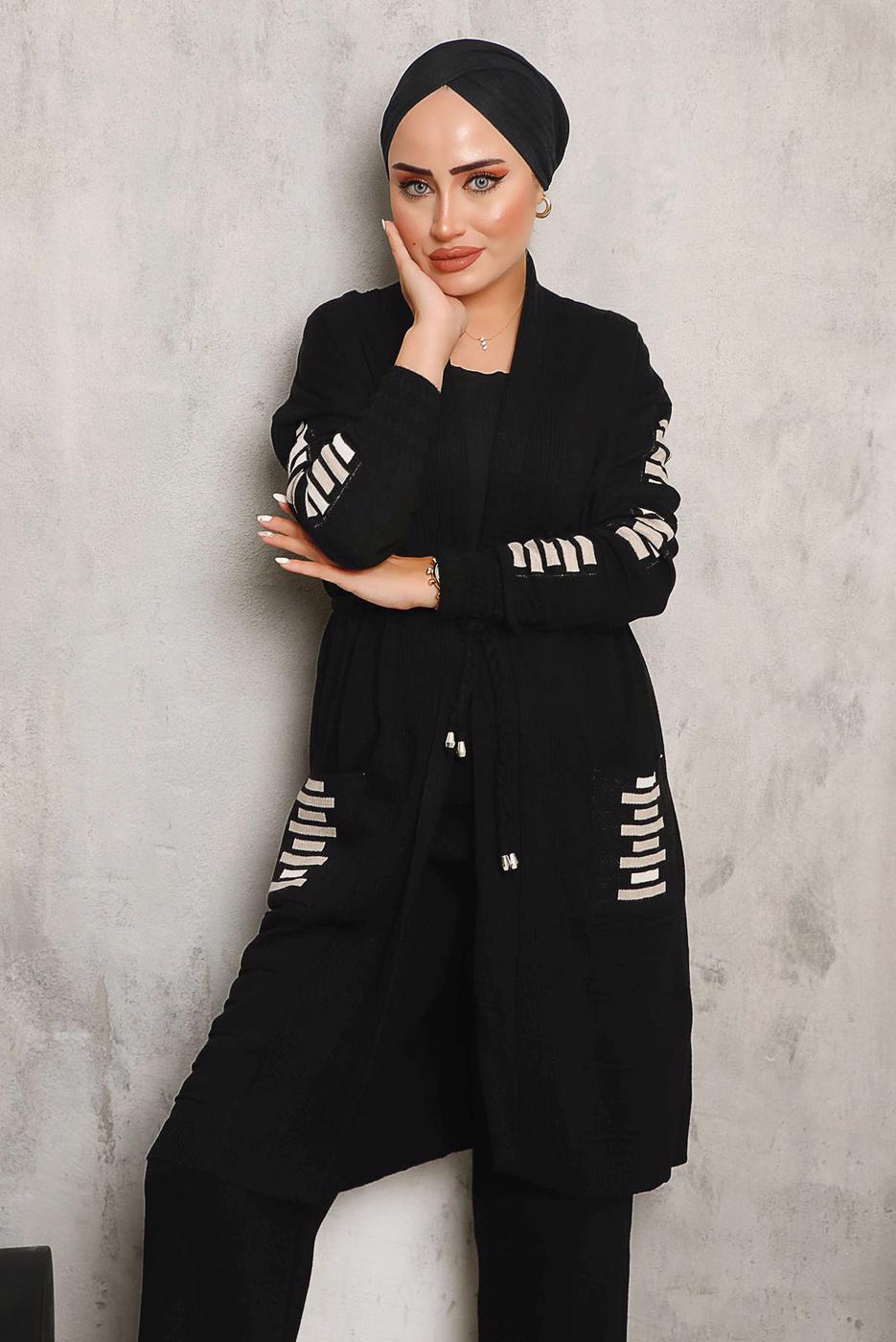 Tesettür giyim SİYAH CEPLERİ ÇİZGİ DETAYLI TRİKO HIRKA 8392 