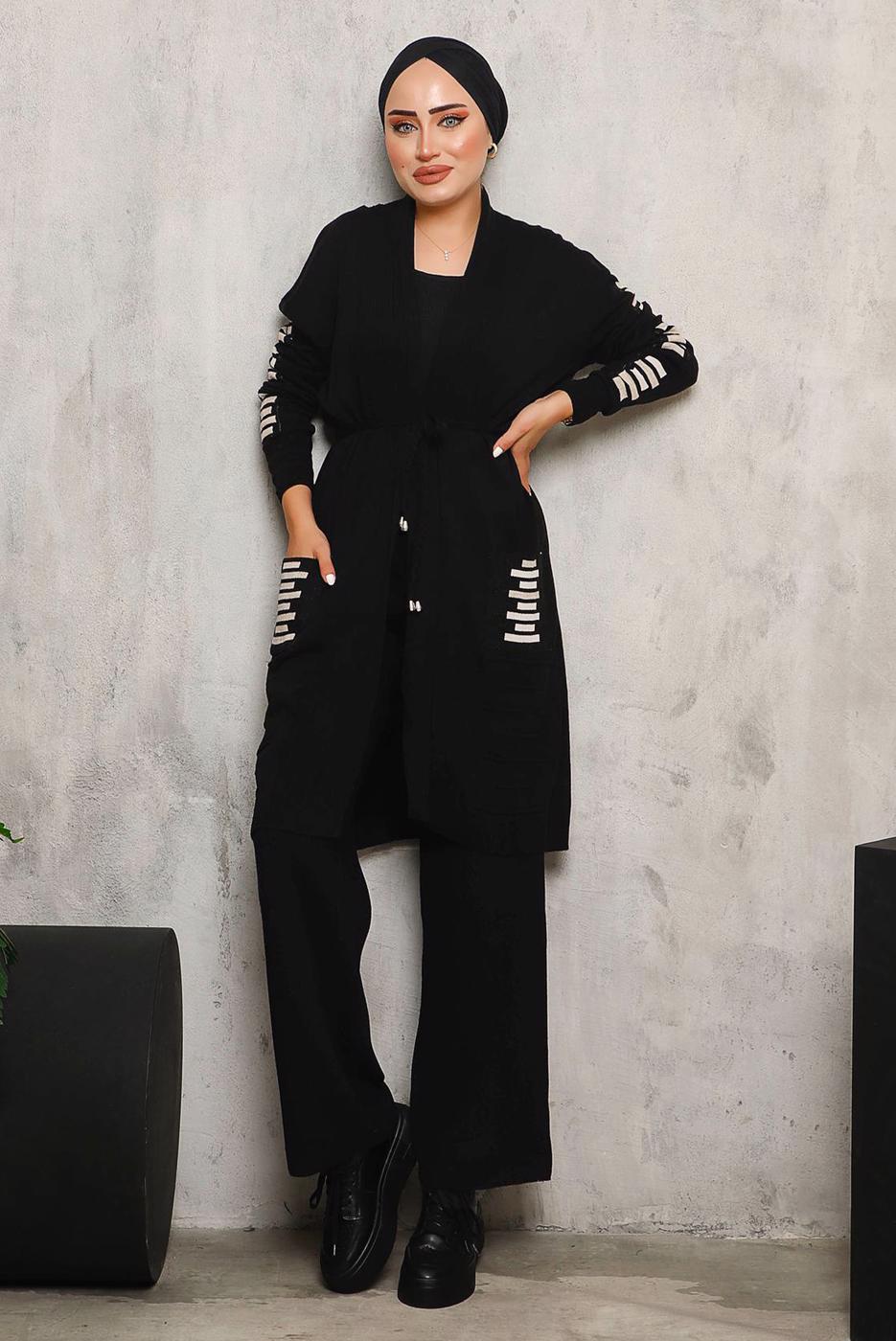 Tesettür giyim SİYAH CEPLERİ ÇİZGİ DETAYLI TRİKO HIRKA 8392 