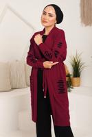 Tesettür giyim BORDO CEPLERİ ÇİZGİ DETAYLI TRİKO HIRKA 8392 