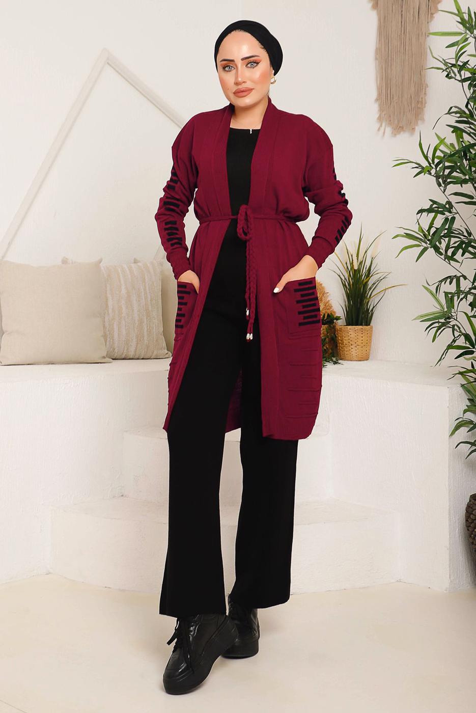 Tesettür giyim BORDO CEPLERİ ÇİZGİ DETAYLI TRİKO HIRKA 8392 