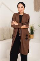Tesettür giyim KAHVE CEPLERİ ÇİZGİ DETAYLI TRİKO HIRKA 8392 