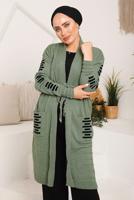 Tesettür giyim YEŞİL CEPLERİ ÇİZGİ DETAYLI TRİKO HIRKA 8392 