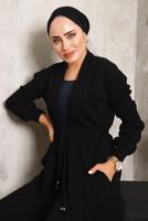 Tesettür giyim SİYAH CEPLİ KUŞAKLI TRİKO HIRKA 9392 