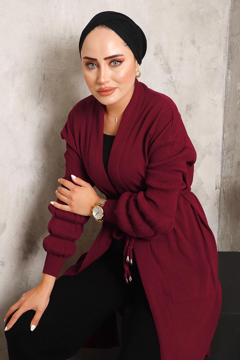 Tesettür giyim BORDO CEPLİ KUŞAKLI TRİKO HIRKA 9392 