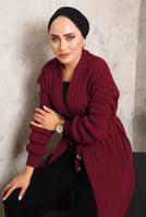 Tesettür giyim BORDO CEPLİ KUŞAKLI TRİKO HIRKA 9392 