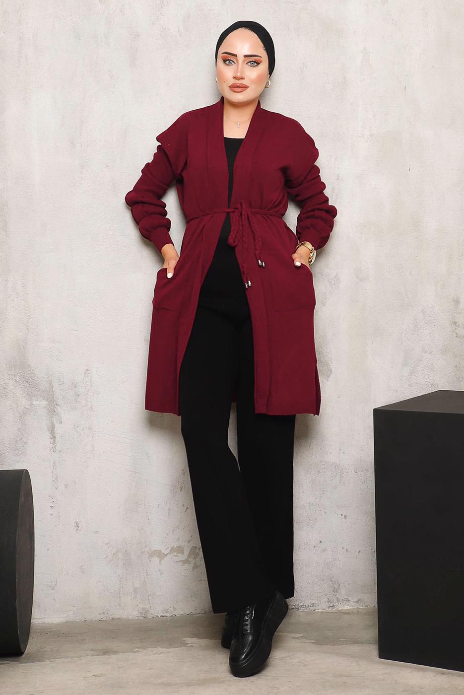 Tesettür giyim BORDO CEPLİ KUŞAKLI TRİKO HIRKA 9392 