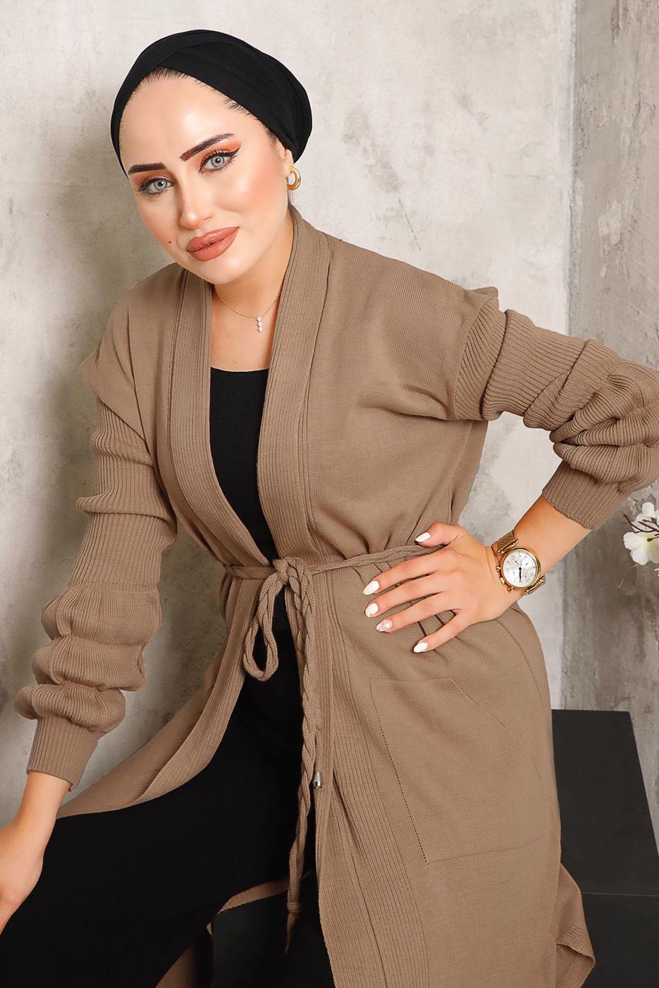 Tesettür giyim KAHVE CEPLİ KUŞAKLI TRİKO HIRKA 9392 