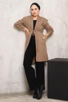 Tesettür giyim KAHVE CEPLİ KUŞAKLI TRİKO HIRKA 9392 