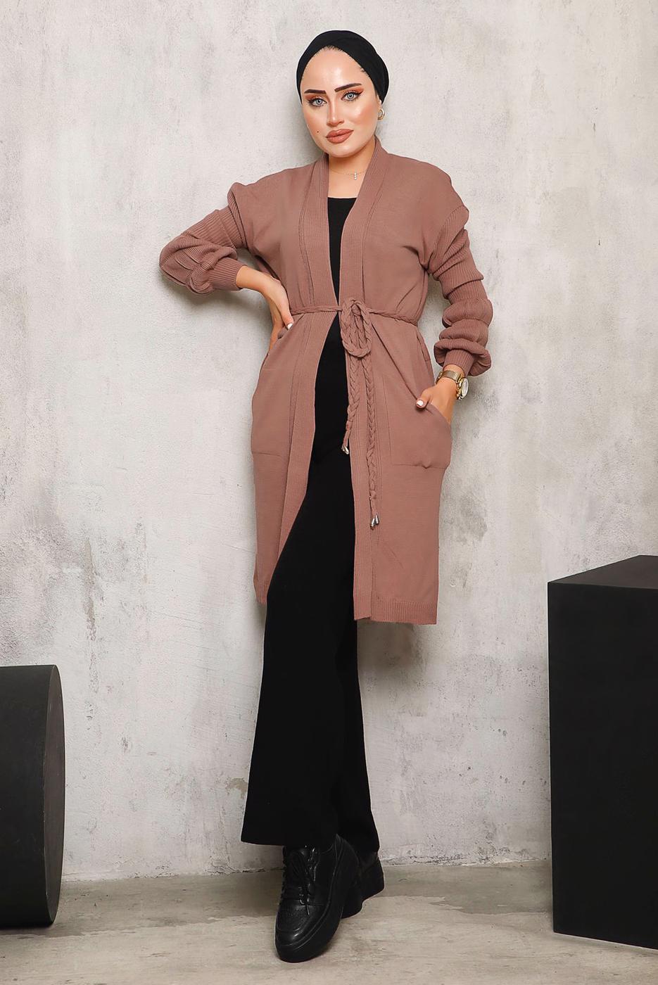 Tesettür giyim PEMBE CEPLİ KUŞAKLI TRİKO HIRKA 9392 