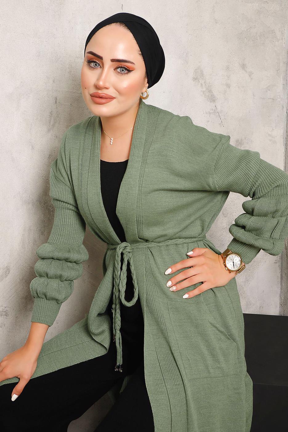 Tesettür giyim YEŞİL CEPLİ KUŞAKLI TRİKO HIRKA 9392 