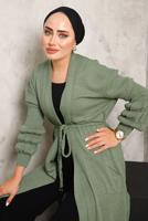 Tesettür giyim YEŞİL CEPLİ KUŞAKLI TRİKO HIRKA 9392 