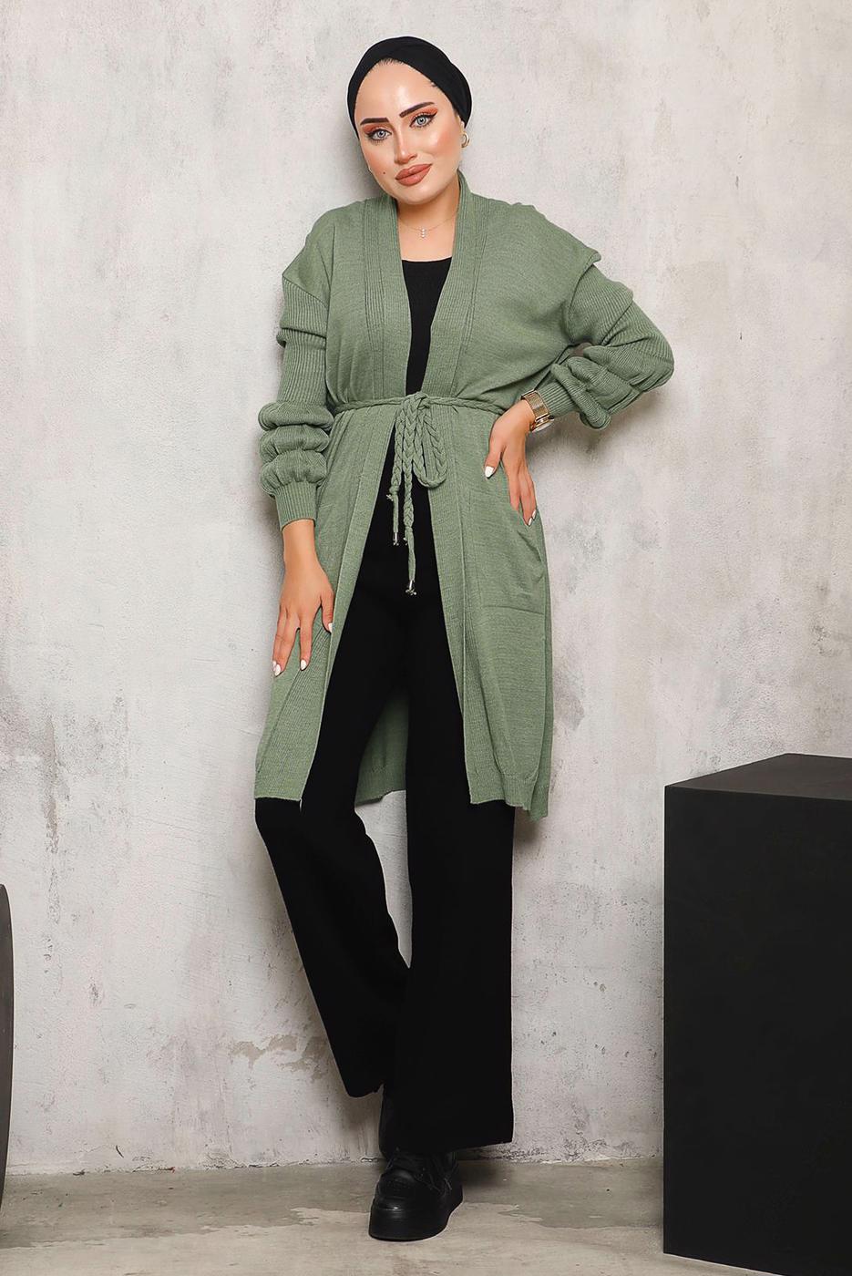 Tesettür giyim YEŞİL CEPLİ KUŞAKLI TRİKO HIRKA 9392 