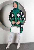 Tesettür giyim YEŞİL KARE DESENLİ DÜĞMELİ TRİKO HIRKA 9527 