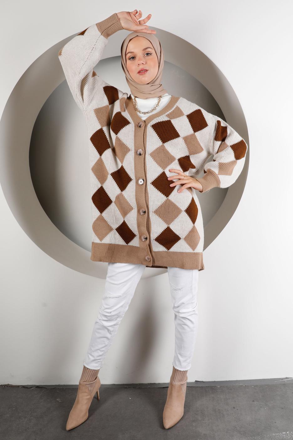 Vêtements hijab BEIGE CARDIGAN BOUTONNÉ EN MAILLE À CARREAUX 9527