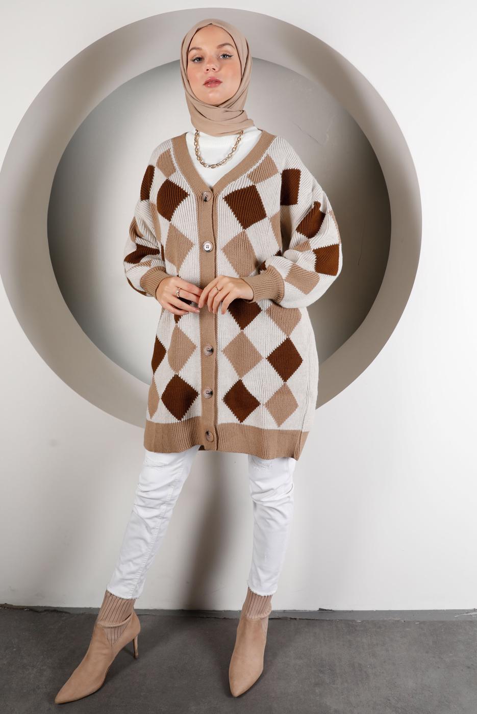 Vêtements hijab BEIGE CARDIGAN BOUTONNÉ EN MAILLE À CARREAUX 9527