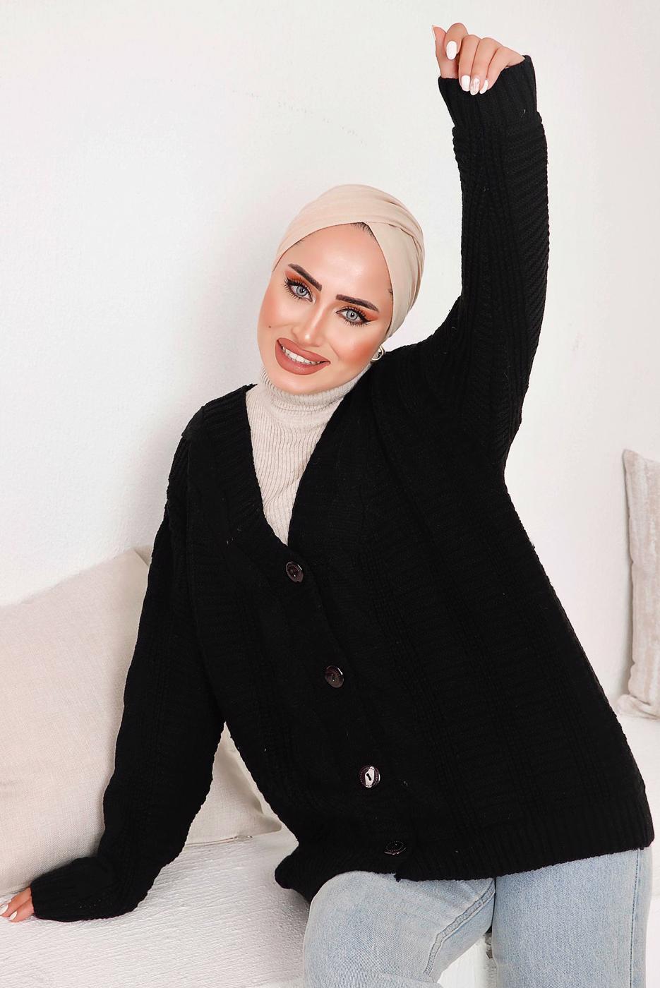 Tesettür giyim SİYAH SAÇ ÖRGÜ DETAYLI TRİKO HIRKA 9792 