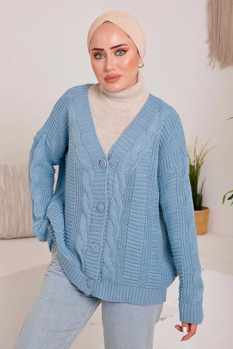 Tesettür giyim MAVİ SAÇ ÖRGÜ DETAYLI TRİKO HIRKA 9792 