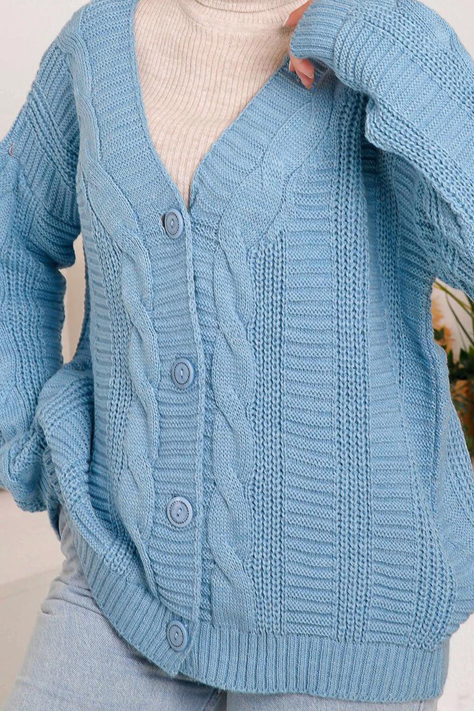 Tesettür giyim MAVİ SAÇ ÖRGÜ DETAYLI TRİKO HIRKA 9792 