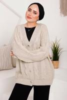 Tesettür giyim BEJ SAÇ ÖRGÜ DETAYLI TRİKO HIRKA 9792 