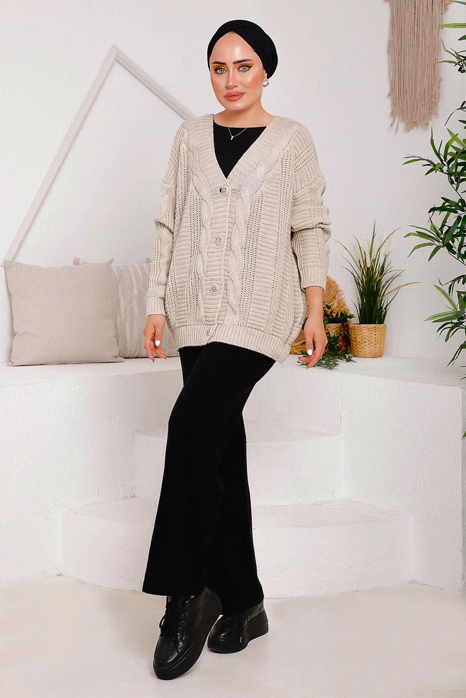 Tesettür giyim BEJ SAÇ ÖRGÜ DETAYLI TRİKO HIRKA 9792 