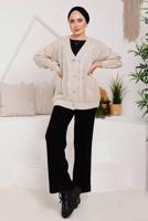 Tesettür giyim BEJ SAÇ ÖRGÜ DETAYLI TRİKO HIRKA 9792 