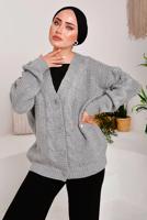 Tesettür giyim GRİ SAÇ ÖRGÜ DETAYLI TRİKO HIRKA 9792 