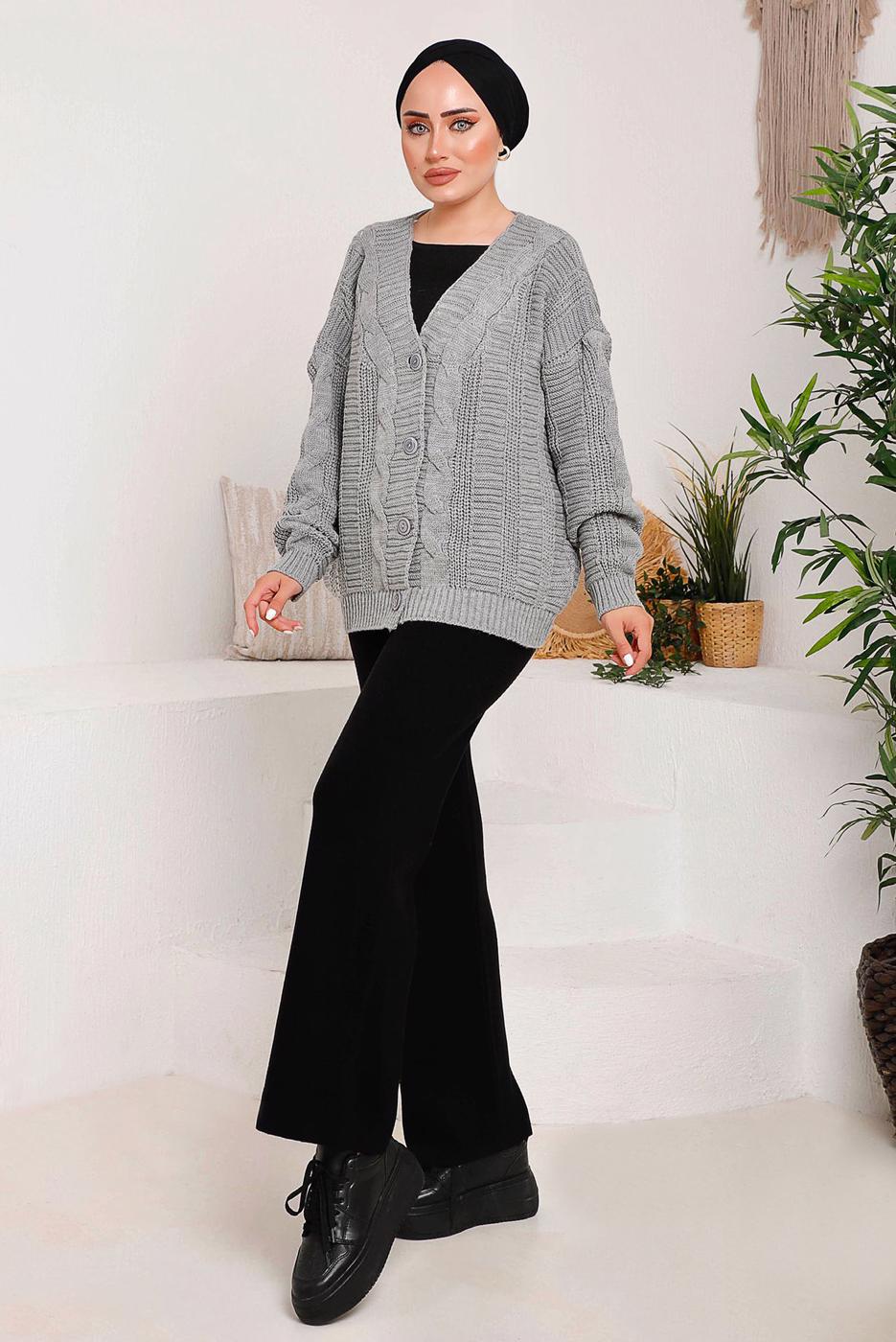 Tesettür giyim GRİ SAÇ ÖRGÜ DETAYLI TRİKO HIRKA 9792 