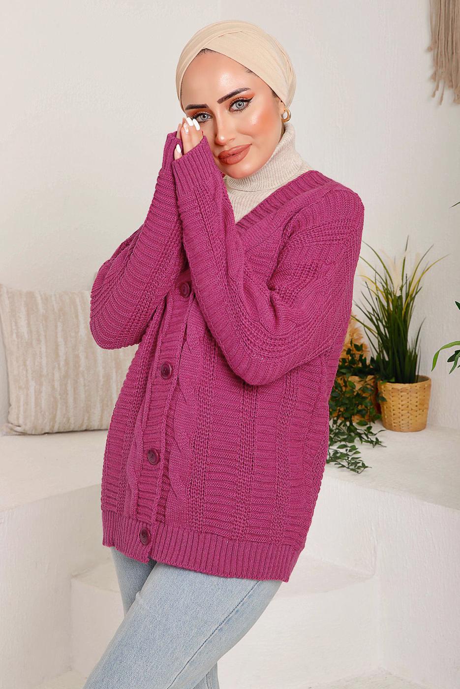 Tesettür giyim FUŞYA SAÇ ÖRGÜ DETAYLI TRİKO HIRKA 9792 