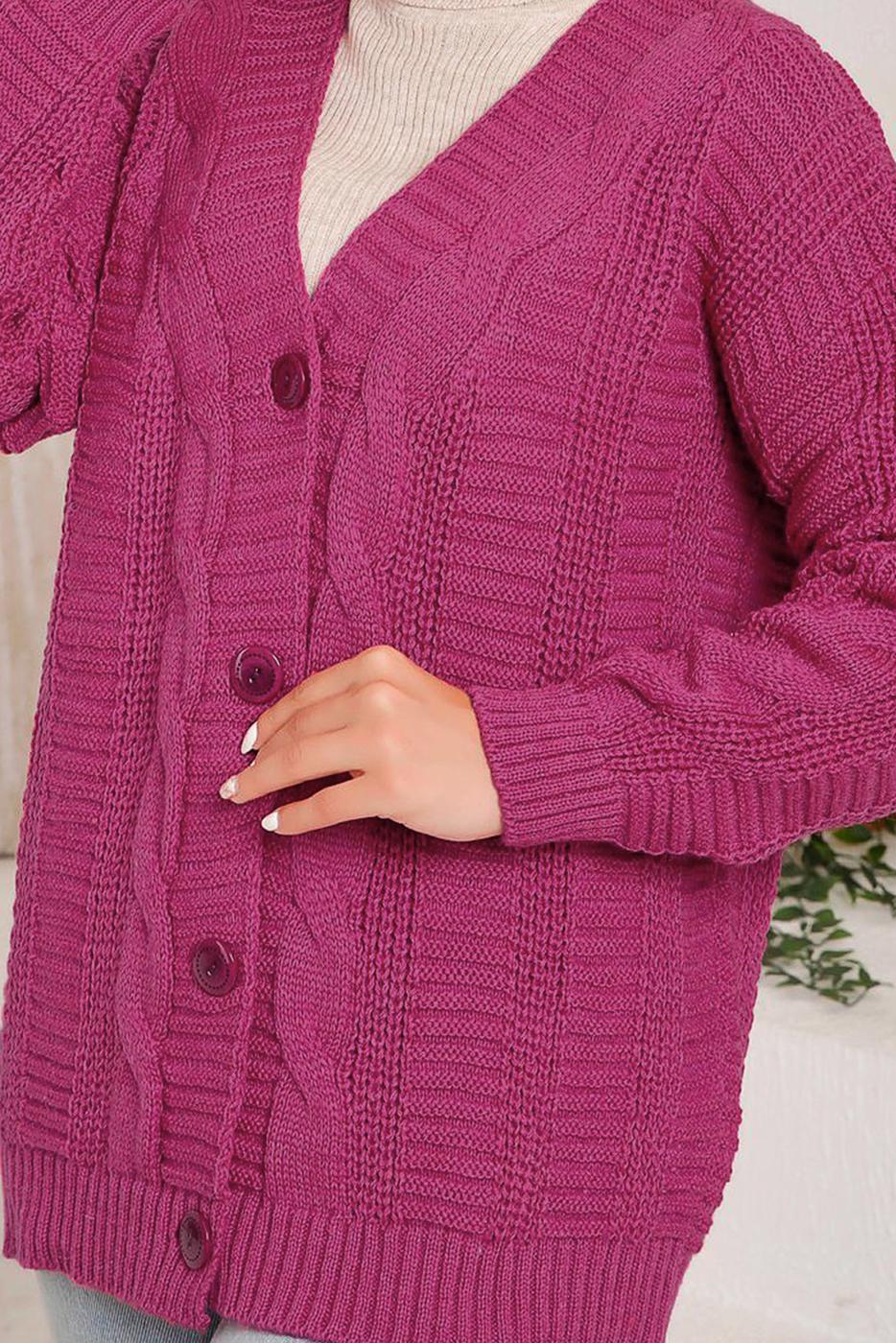 Tesettür giyim FUŞYA SAÇ ÖRGÜ DETAYLI TRİKO HIRKA 9792 