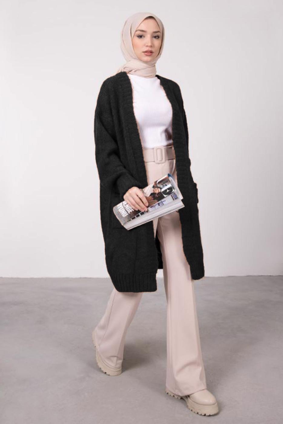 Tesettür giyim SİYAH CEPLİ UZUN TRİKO HIRKA 9903 