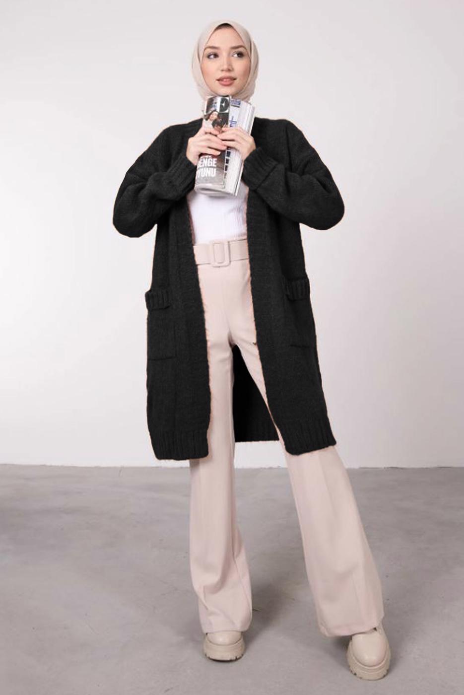 Tesettür giyim SİYAH CEPLİ UZUN TRİKO HIRKA 9903 