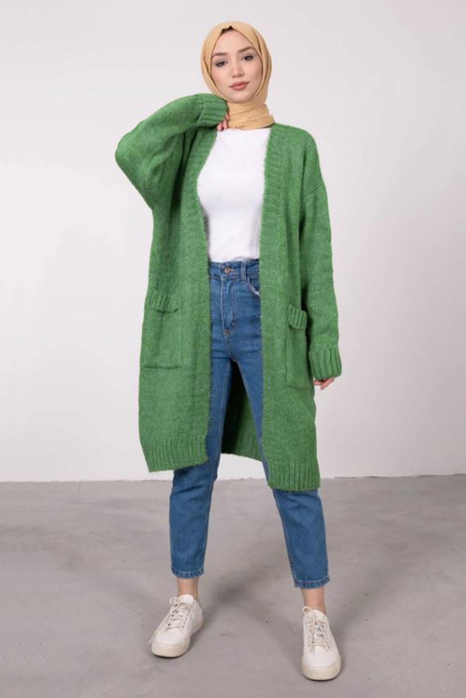 Tesettür giyim YEŞİL CEPLİ UZUN TRİKO HIRKA 9903 