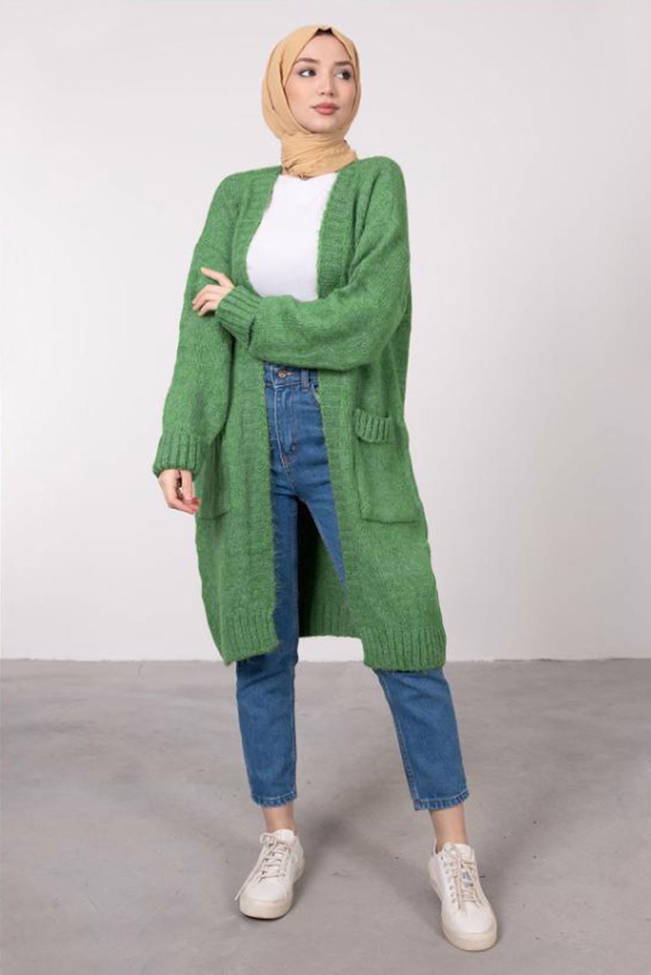 Tesettür giyim YEŞİL CEPLİ UZUN TRİKO HIRKA 9903 