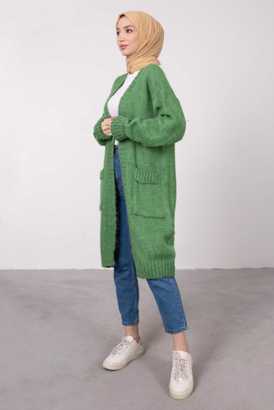 Tesettür giyim YEŞİL CEPLİ UZUN TRİKO HIRKA 9903 