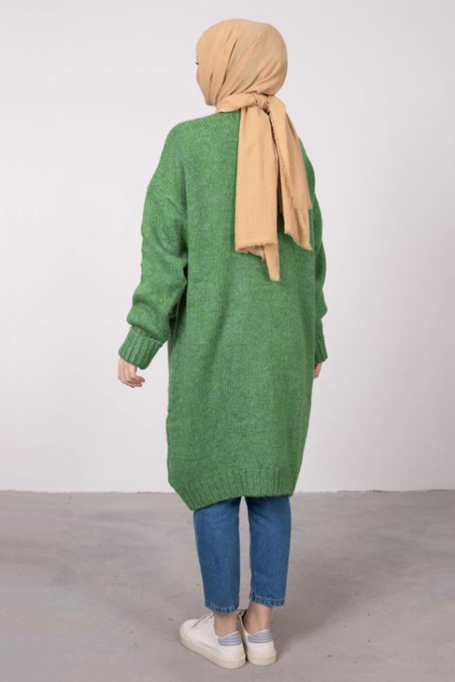 Tesettür giyim YEŞİL CEPLİ UZUN TRİKO HIRKA 9903 
