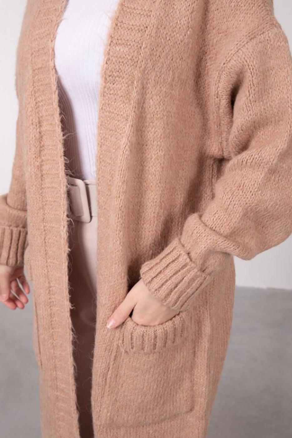 Tesettür giyim KAHVE CEPLİ UZUN TRİKO HIRKA 9903 