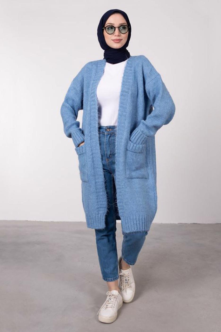 Tesettür giyim LACİVERT CEPLİ UZUN TRİKO HIRKA 9903 