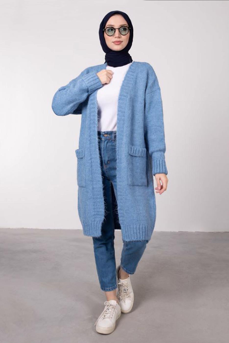 Tesettür giyim LACİVERT CEPLİ UZUN TRİKO HIRKA 9903 