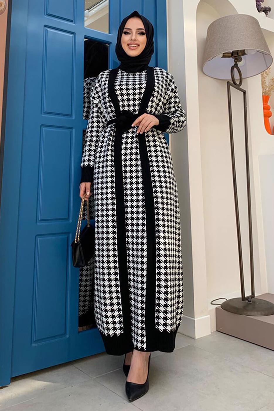 Vêtements hijab NOIR COSTUME EN MAILLE TEXTURÉE PIED-DE-POULE AVEC CEINTURE 10112