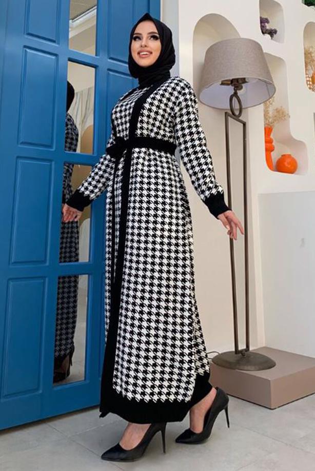 Vêtements hijab NOIR COSTUME EN MAILLE TEXTURÉE PIED-DE-POULE AVEC CEINTURE 10112 - TRENDTESETTÜR