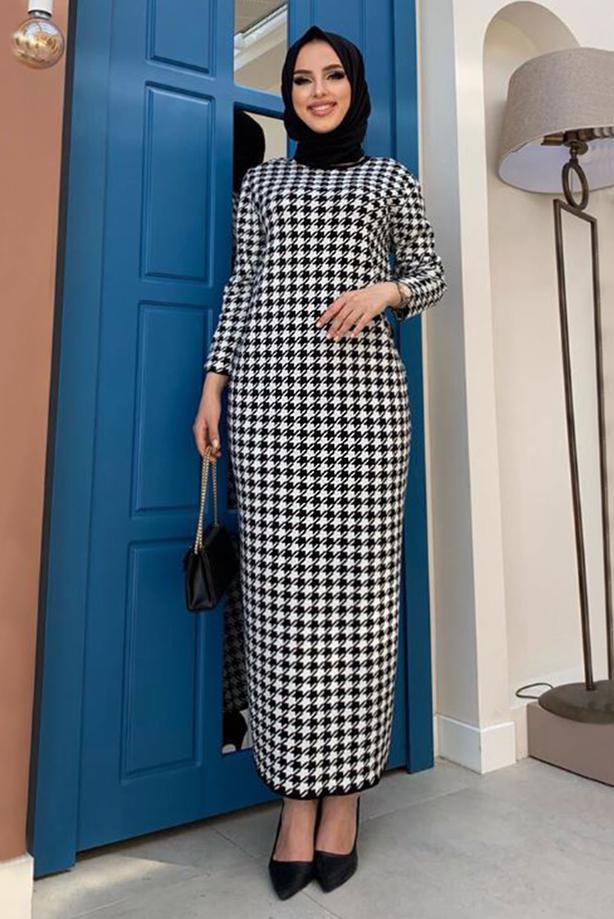 Vêtements hijab NOIR COSTUME EN MAILLE TEXTURÉE PIED-DE-POULE AVEC CEINTURE 10112 - TRENDTESETTÜR