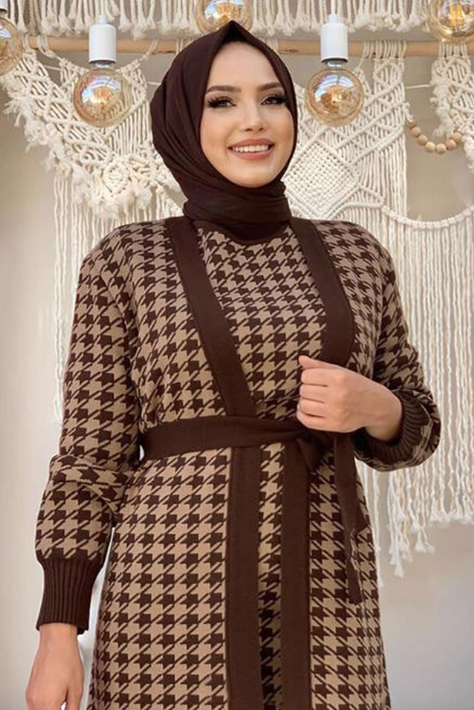 Hijab clothing BROWN BELTED HOUNDSTOOTH TEXTURED KNITWEAR DRESS SUIT 10112