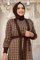 Hijab clothing BROWN BELTED HOUNDSTOOTH TEXTURED KNITWEAR DRESS SUIT 10112