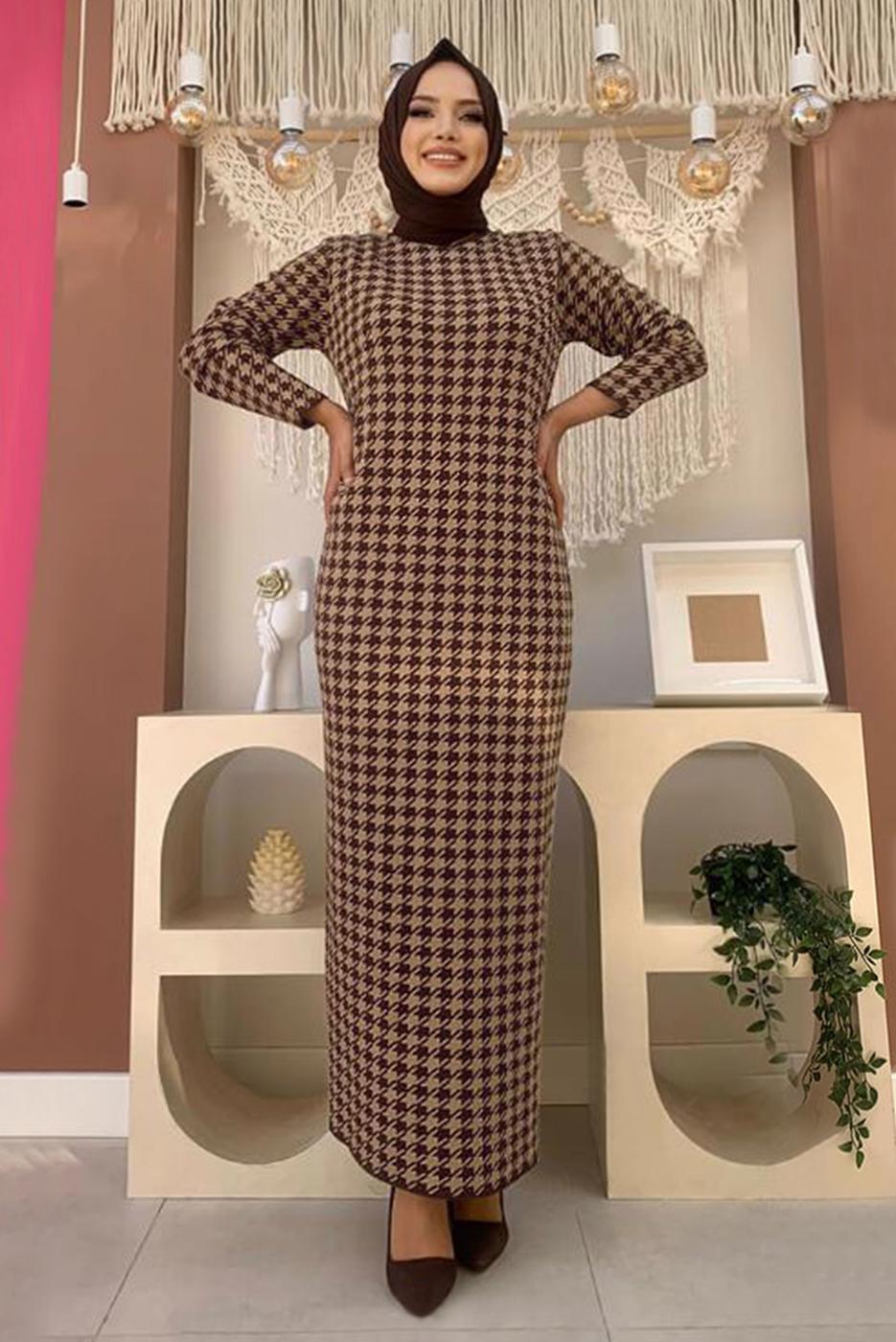 Hijab clothing BROWN BELTED HOUNDSTOOTH TEXTURED KNITWEAR DRESS SUIT 10112