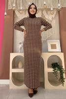Hijab clothing BROWN BELTED HOUNDSTOOTH TEXTURED KNITWEAR DRESS SUIT 10112
