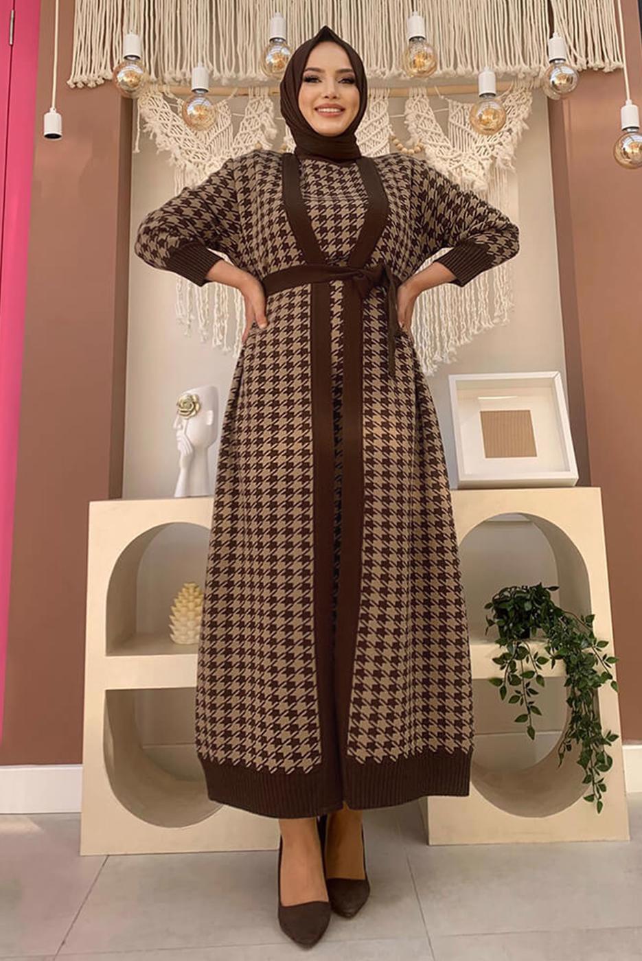 Hijab clothing BROWN BELTED HOUNDSTOOTH TEXTURED KNITWEAR DRESS SUIT 10112