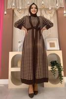 Hijab clothing BROWN BELTED HOUNDSTOOTH TEXTURED KNITWEAR DRESS SUIT 10112